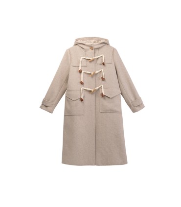 Cappotto lungo con cappuccio e spessa lana con bottoni in corno