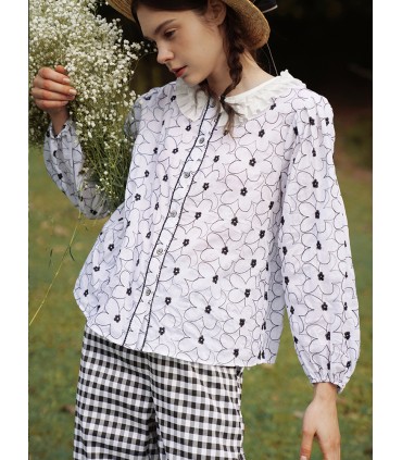 Camisa bordada floral com gola de pétala dupla 