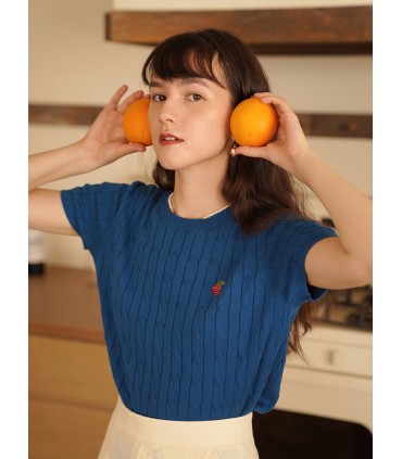 French Vintage Strawberry Embroidered Knit Short Sleeve