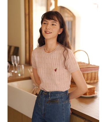 French Vintage Strawberry Embroidered Knit Short Sleeve