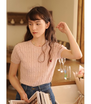 French Vintage Strawberry Embroidered Knit Short Sleeve
