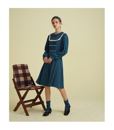 Robe à manches longues en dentelle texturée plissée 