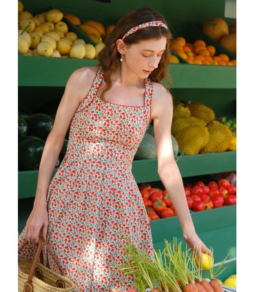 Abito con bretelle larghe floreali con decorazioni in pizzo