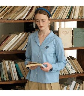 Embroidered Suit Collar Literary Blue Shirt 