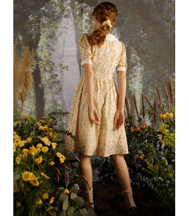 Handbeschilderde jurk met kleine puntkraag en bloemen in waterverf 