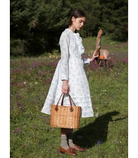 Lace Cat Air Rami Tencel Dress dengan Kerah Tegak 