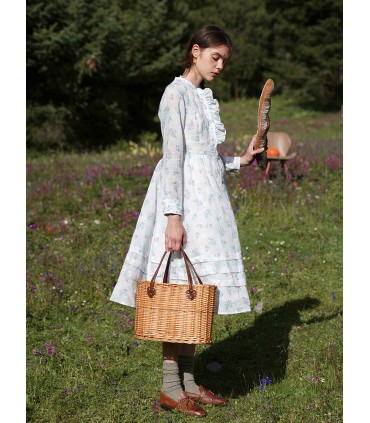 Lace Watercolor Ramie Tencel Dress with Stand Collar 