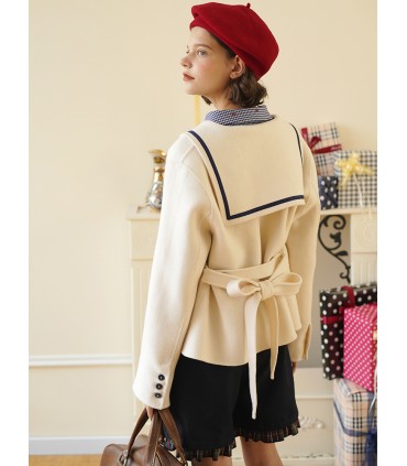 Plaid double-faced wool coat with navy collar 