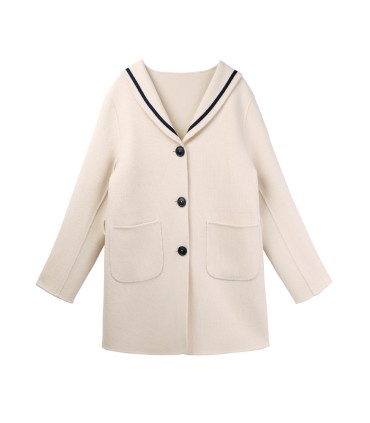 Plaid double-faced wool coat with navy collar 