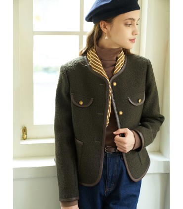 Franse korte wollen jas met ronde hals 