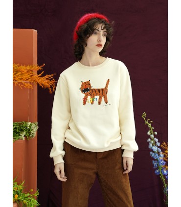 Håndmalet tiger plus fløjl løs tyk sweater