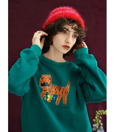 Håndmalet tiger plus fløjl løs tyk sweater