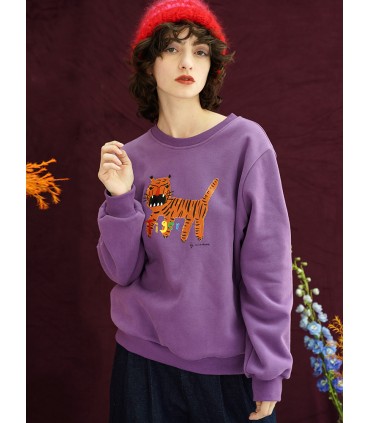 Håndmalet tiger plus fløjl løs tyk sweater