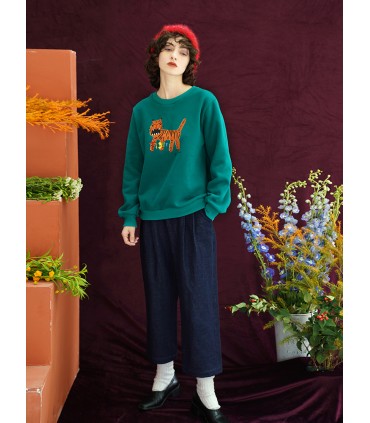 손으로 그린 ​​타이거 플러스 벨벳 느슨한 두꺼운 스웨터 