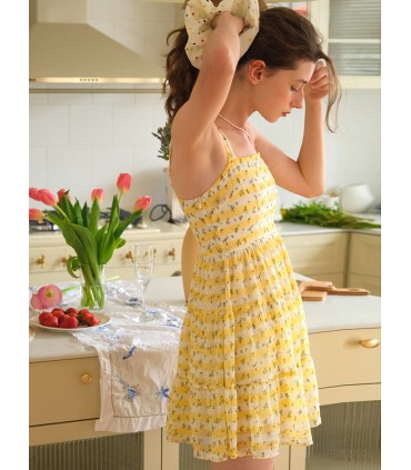 Lemon Yellow Floral Sling Dress Short Skirt 