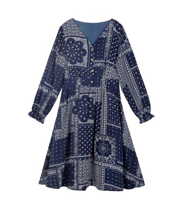 Robe imprimée à manches longues et col en V rustique rustique 