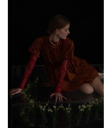 Ano Novo Chinês Festivo Laranja Vermelho Flor Manga Vestido Abóbora