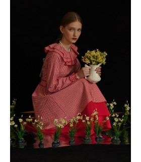 Robe à manches longues et col en dentelle à carreaux 