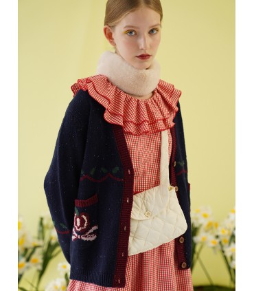 Dress lengan panjang kerah renda kotak-kotak berlapis 