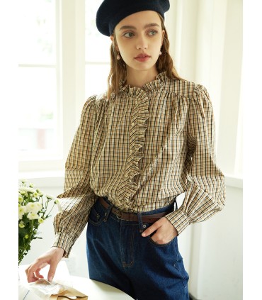 Camisa clásica con cuello de encaje a cuadros 