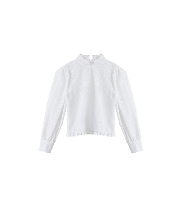 Camisa clásica con cuello alto y mangas abullonadas de encaje 