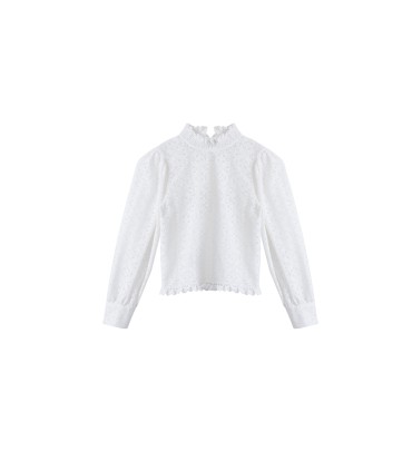 Chemise classique à col roulé et manches bouffantes en dentelle 