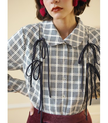 Primavera e outono Camisa francesa de manga comprida amarrada 