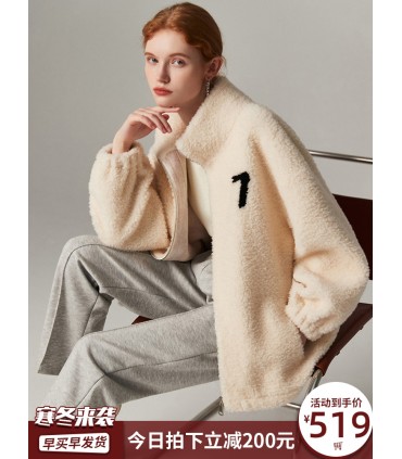 Chaqueta informal de piel de oveja con cuello levantado