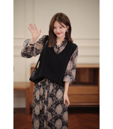 [Ponto em segundos] Monaco Garden saia folgada e confortável para o chá outono novo vestido estampado 