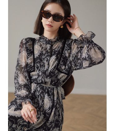 [Punto en segundos] Monaco Garden falda suelta y cómoda para tomar el té otoño nuevo vestido estampado 