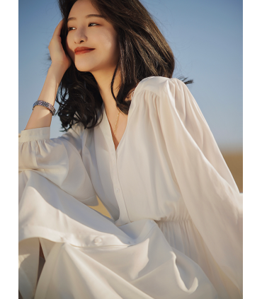 Moonlight Variation Fashion V-neck Koszula Sukienka 2023 Wiosna Nowa Talia Sukienka Tencel 