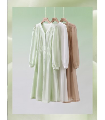 Maanlicht Variatie Mode V-hals Shirt Jurk 2023 Lente Nieuwe Taille Tencel Jurk 