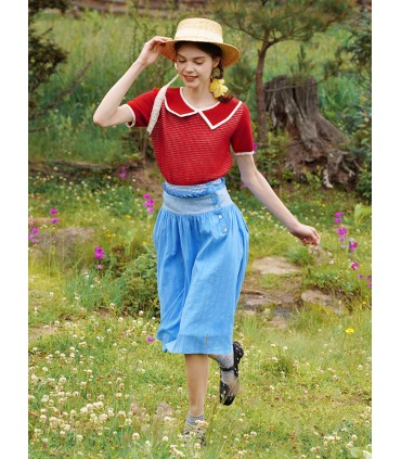 체크 콘트라스트 배색 라펠 반팔 스웨터