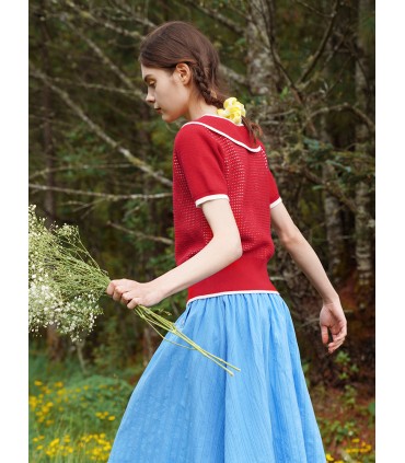 체크 콘트라스트 배색 라펠 반팔 스웨터