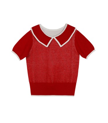 Rutig kontrastfärgad lapel kortärmad tröja 