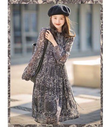 Wood ear print long-sleeved dress
