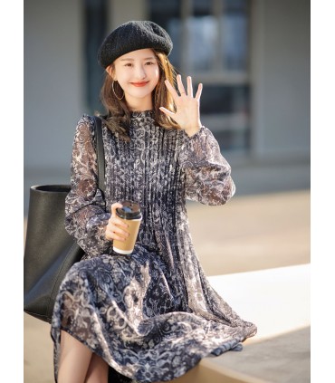 Wood ear print long-sleeved dress