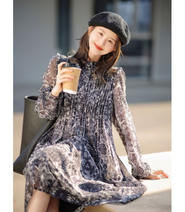 Wood ear print long-sleeved dress
