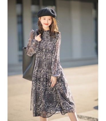 Wood ear print long-sleeved dress