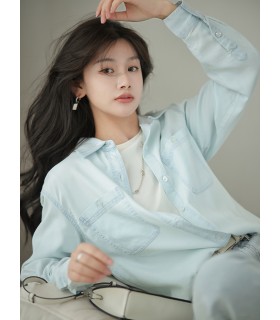 Kemeja Denim Asetat Baju Biru Longgar 