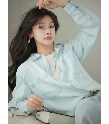 Kemeja Denim Asetat Baju Biru Longgar