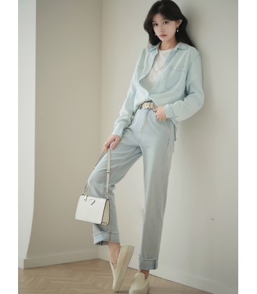 Sơ mi denim axetat Sơ mi dáng rộng màu xanh lam 