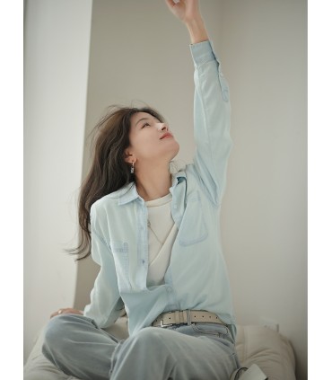 Sơ mi denim axetat Sơ mi dáng rộng màu xanh lam 