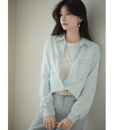 Kemeja Denim Asetat Baju Biru Longgar