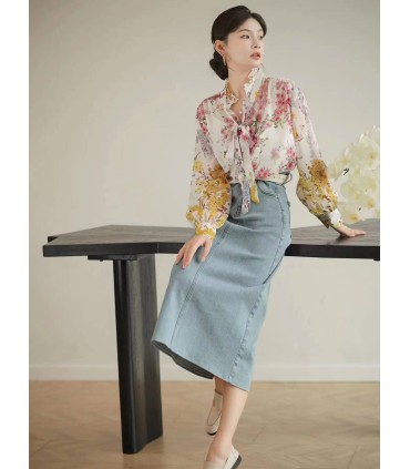 Lagu Asli Skirt Denim Fesyen Retro Skirt Lurus 