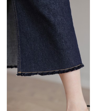 Rok Denim Peregangan Mentah dengan Rok Denim Belahan 