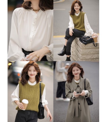 루즈한 스탠드 칼라와 나무 귀가 있는 긴팔 탑