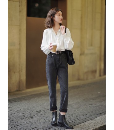 Kerah stand-up longgar dan atasan lengan panjang dengan telinga kayu