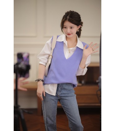 Rompi perangai selesa V-neck baru musim luruh tanpa lengan atasan 