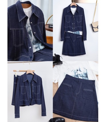 BF Terno Jeans Jaqueta com lapela Saia cintura alta